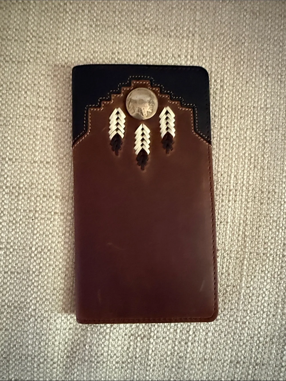 Brown Leather Bifold Checkbook Wallet with Black Accents